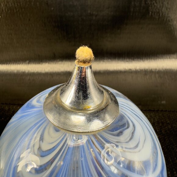 Vintage Pulled Feather Art Glass Oil Lamp Container Orb Blue White Dot Container - Picture 4 of 11